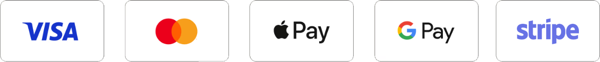 Accepted payment methods: Visa, Mastercard, Apple Pay, Google Pay, Stripe